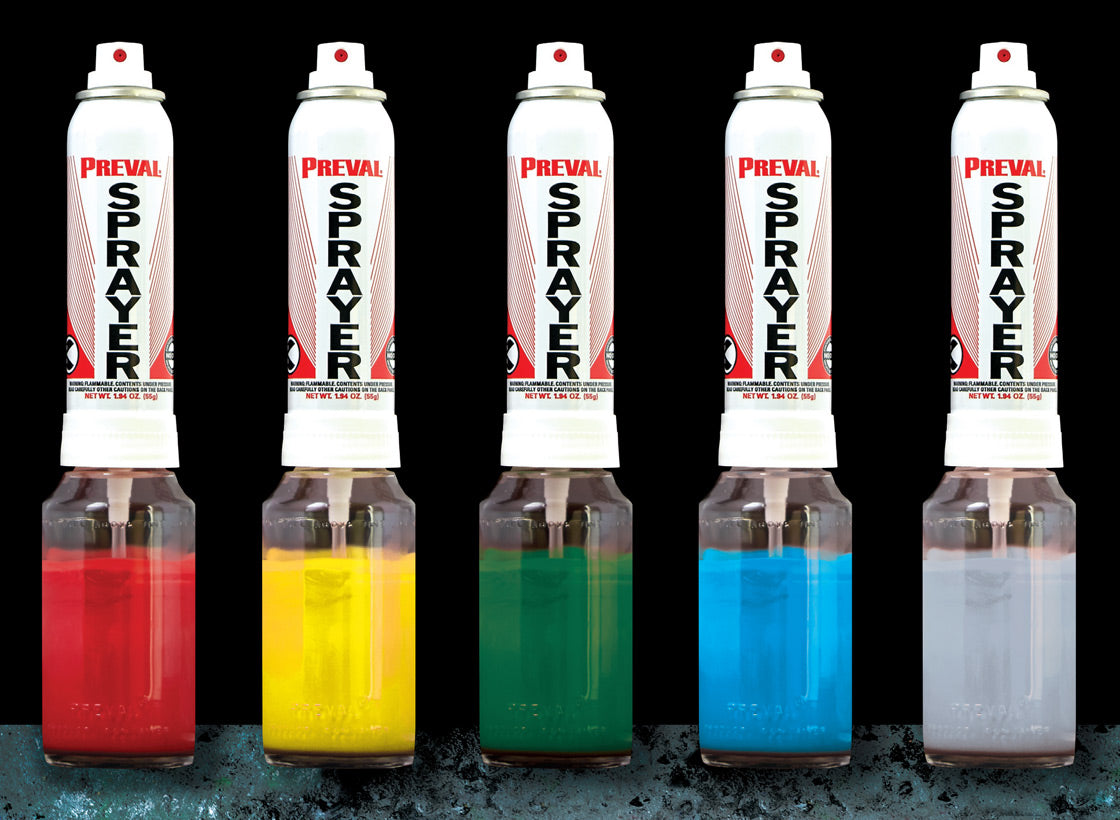 Manufacturer demonstration of five separate Preval sprayers filled with different paint colours; illustration of use