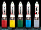 Manufacturer demonstration of five separate Preval sprayers filled with different paint colours; illustration of use