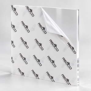 Photorealistic illustration of clear cast acrylic sheet with white REdco CAST ACRYLIC protective film and a peeled corner revealing clear acrylic.