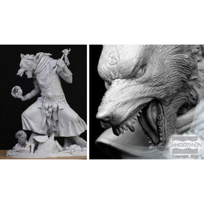 Unfinished sculpture of a warrior with a wolf head and close-up of the wolf's face, branded 'Smooth-On'.