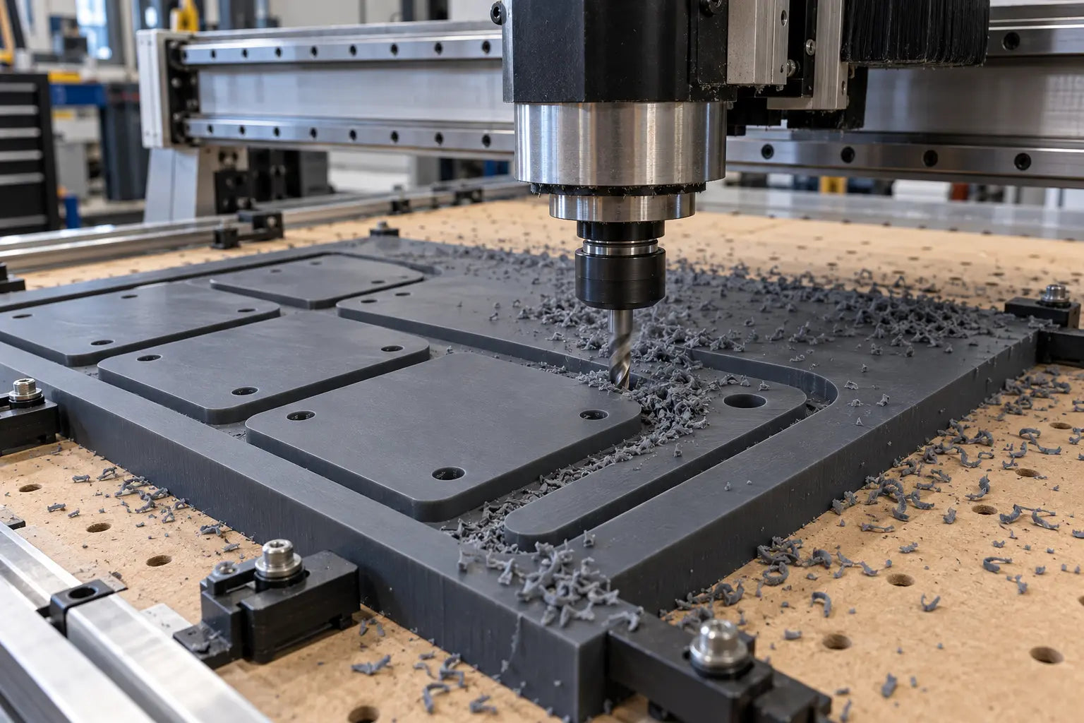 CNC router machining dark grey Nylatech® MD nylon sheet into custom wear pads.